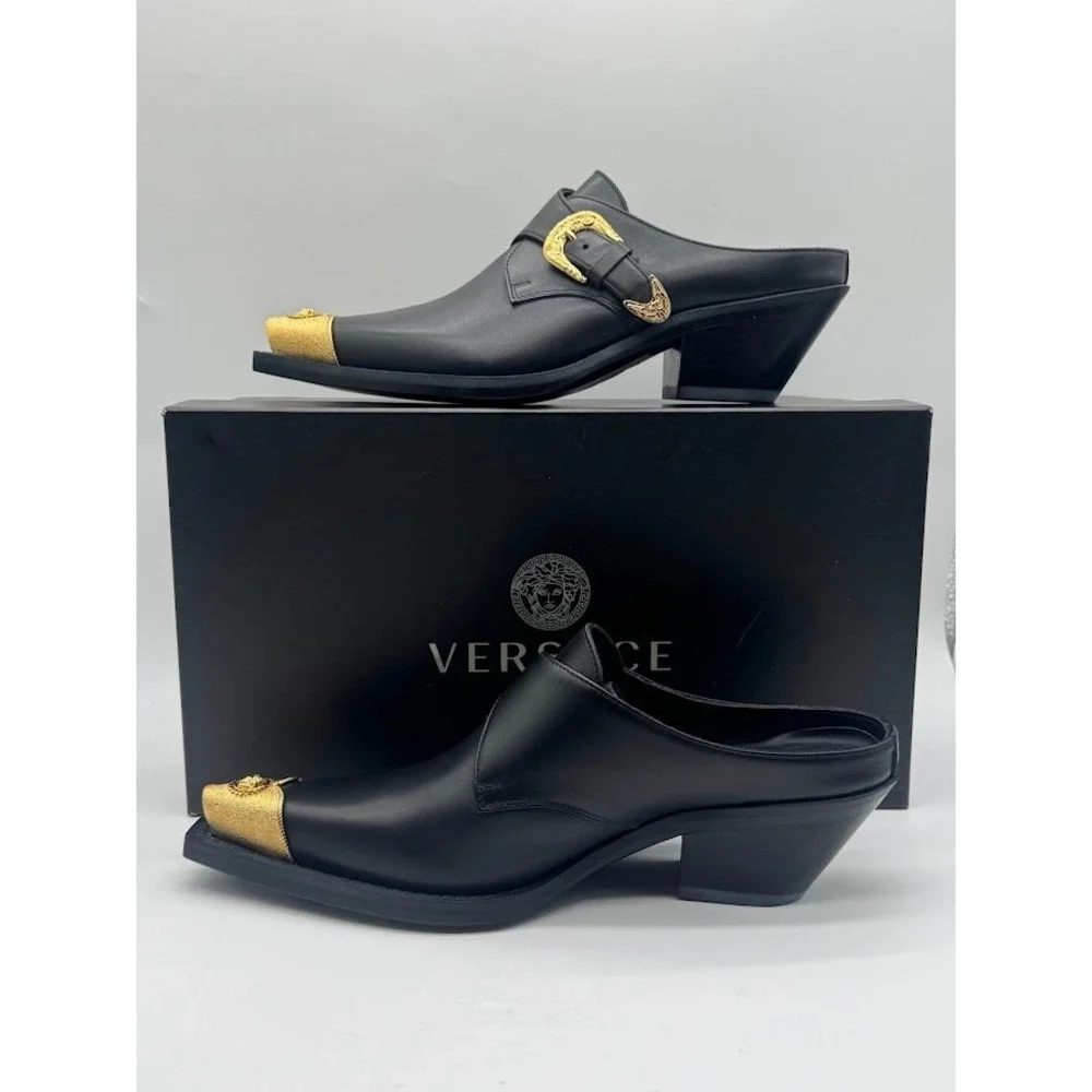 Versace Sabot Leather Western Mule Medusa Gold Toe Black EU 39.5 US 9 NIB - Picture 2 of 14